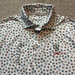 Barstool Sports Polo Shirt Golf Performance Snacks Patterned AOP Sz M Logo White
